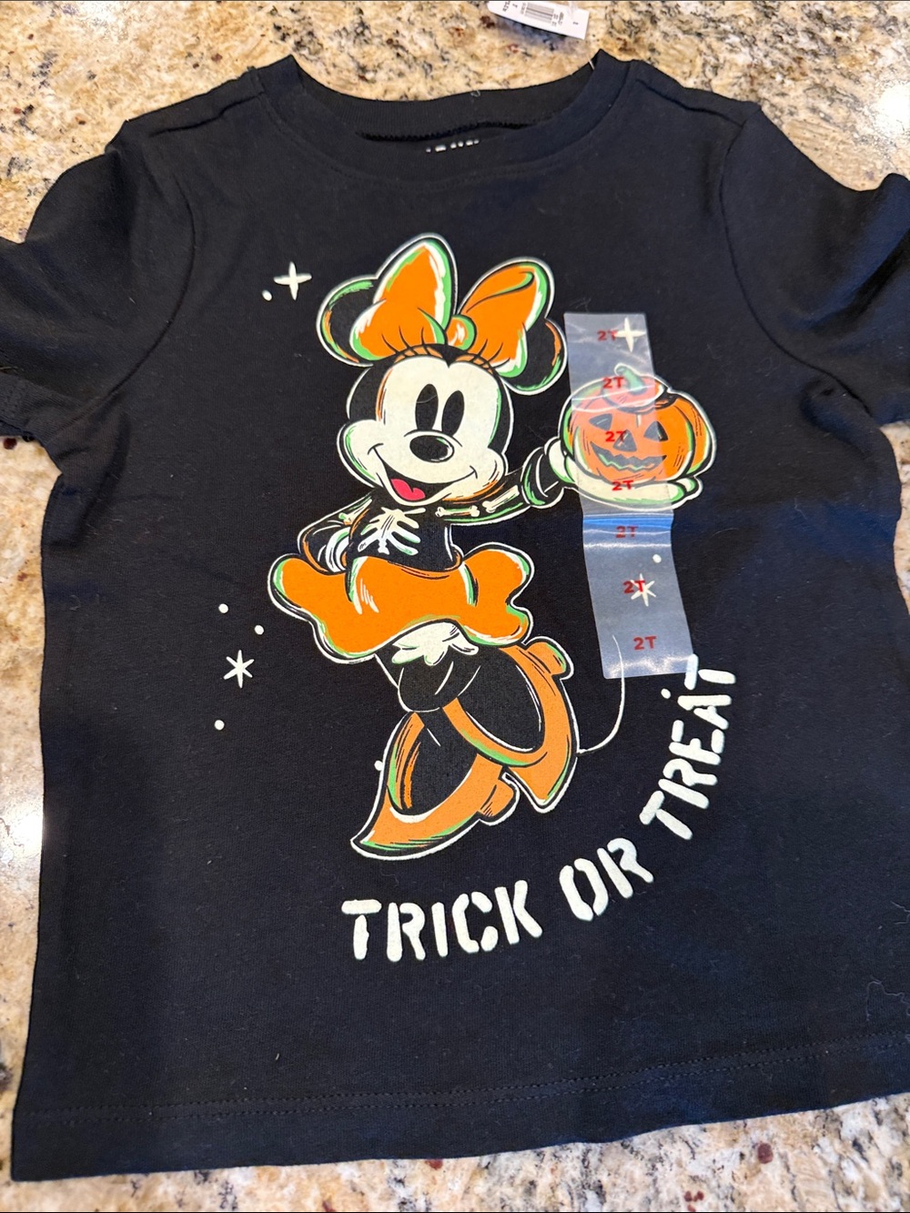 Old Navy Disney Black Tee with Orange & White Minnie Halloween Graphic